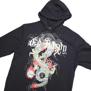 Ed Hardy Hoodie Mens Medium Black Dragon Tattoo Graphic Pullover Fleece